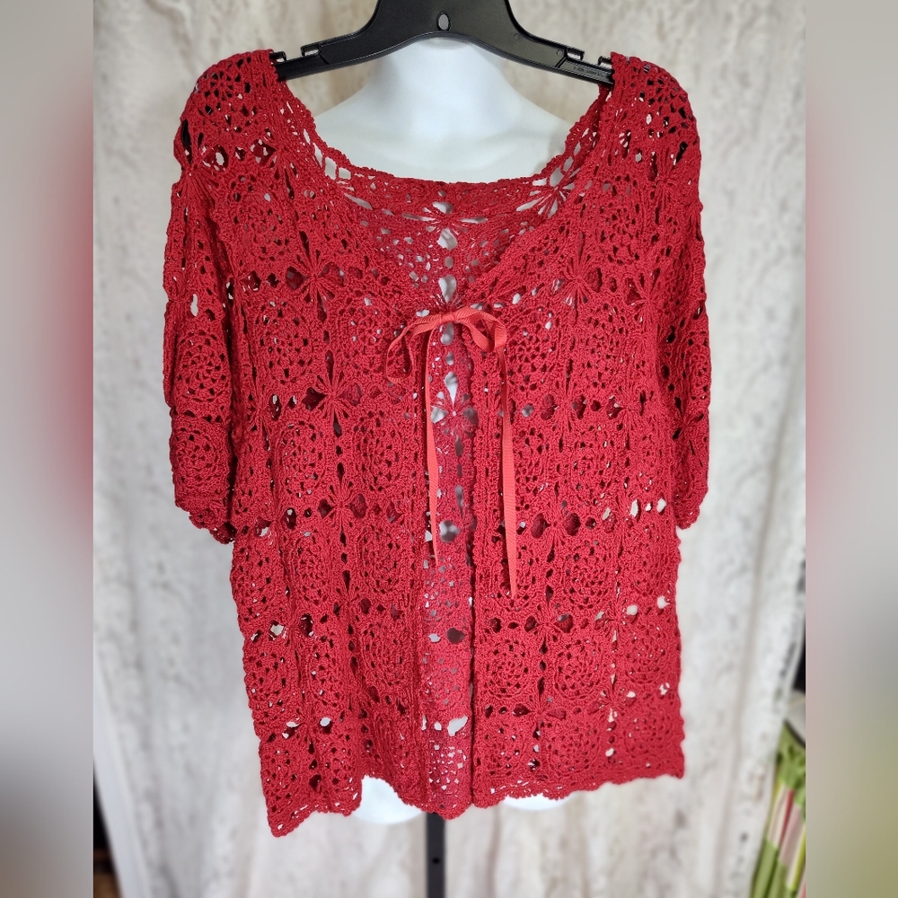 Red Hand Crochet Jacket NWOT
